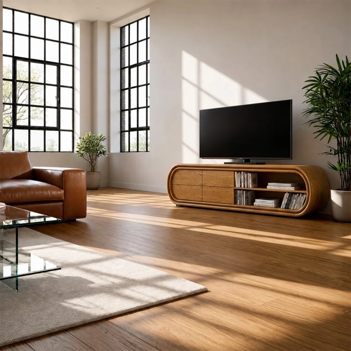 Natural Solid Wood TV Stand with Four Drawers and Rounded Open Shelves - Livewoodcraft - 3