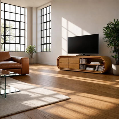 Natural Solid Wood TV Stand with Four Drawers and Rounded Open Shelves - Livewoodcraft - 3