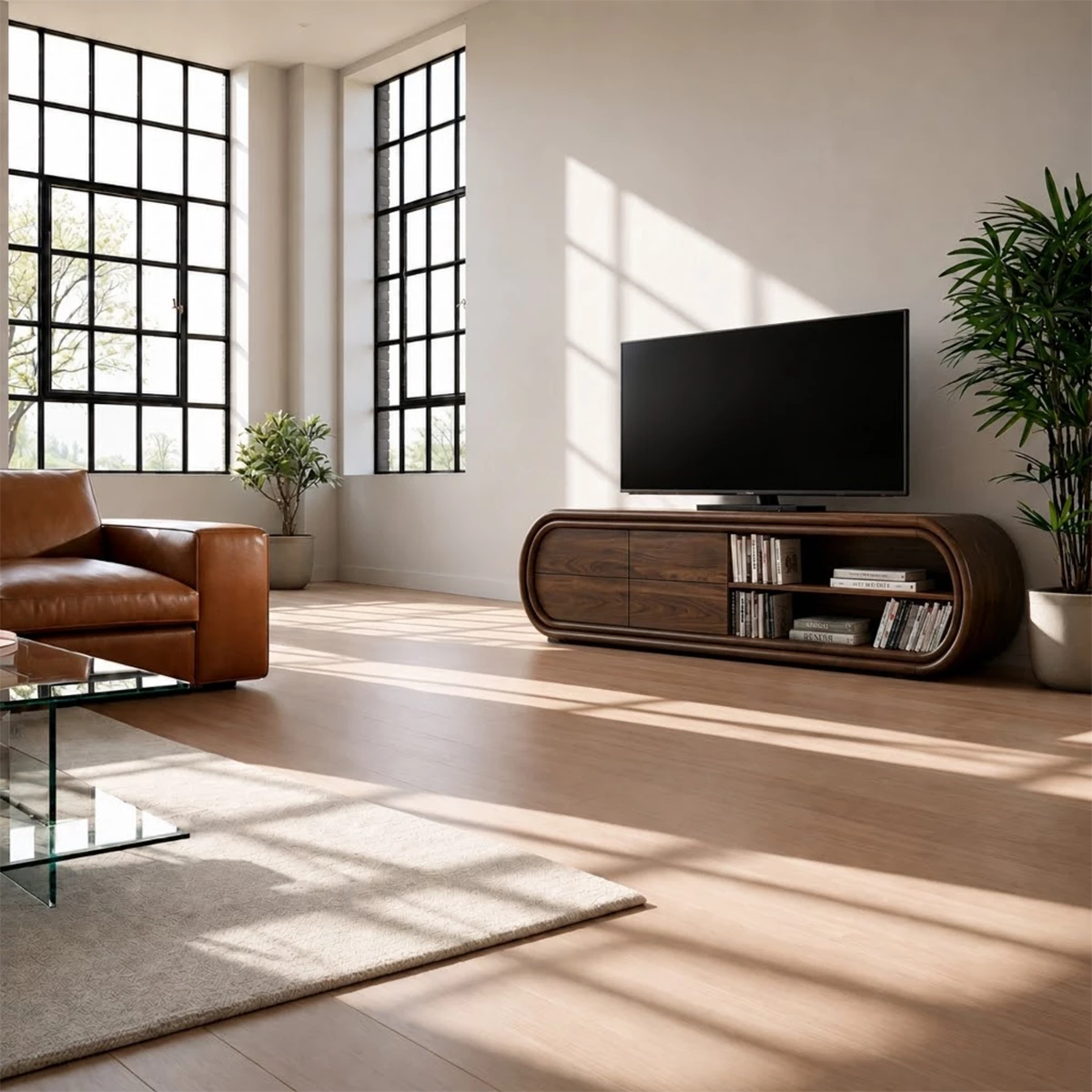 Natural Solid Wood TV Stand with Four Drawers and Rounded Open Shelves - Livewoodcraft - 4
