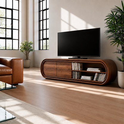 Natural Solid Wood TV Stand with Four Drawers and Rounded Open Shelves - Livewoodcraft - 5