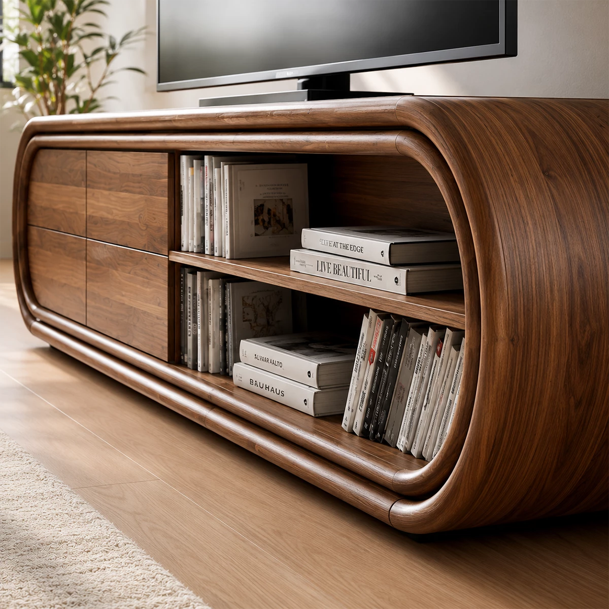 Natural Solid Wood TV Stand with Four Drawers and Rounded Open Shelves - Livewoodcraft - 6