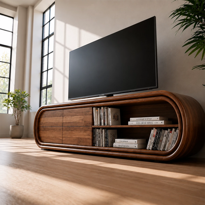 Natural Solid Wood TV Stand with Four Drawers and Rounded Open Shelves - Livewoodcraft - 7