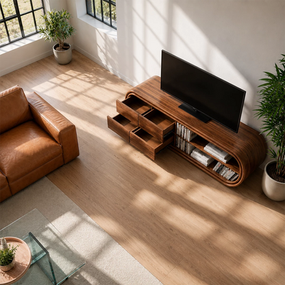 Natural Solid Wood TV Stand with Four Drawers and Rounded Open Shelves - Livewoodcraft - 8