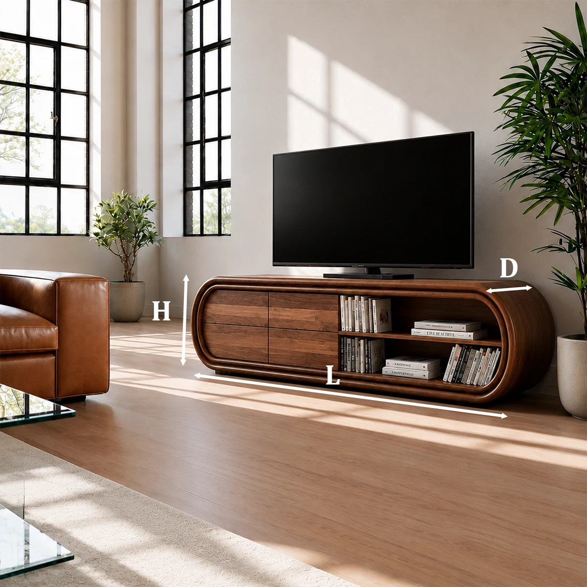 Natural Solid Wood TV Stand with Four Drawers and Rounded Open Shelves - Livewoodcraft - 9