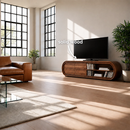 Natural Solid Wood TV Stand with Four Drawers and Rounded Open Shelves - Livewoodcraft