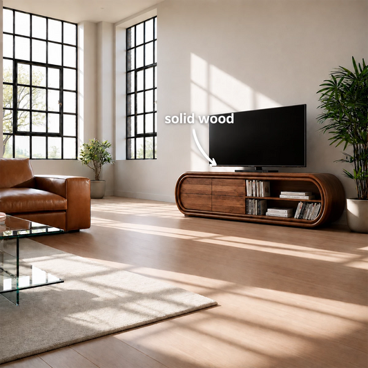 Natural Solid Wood TV Stand with Four Drawers and Rounded Open Shelves - Livewoodcraft