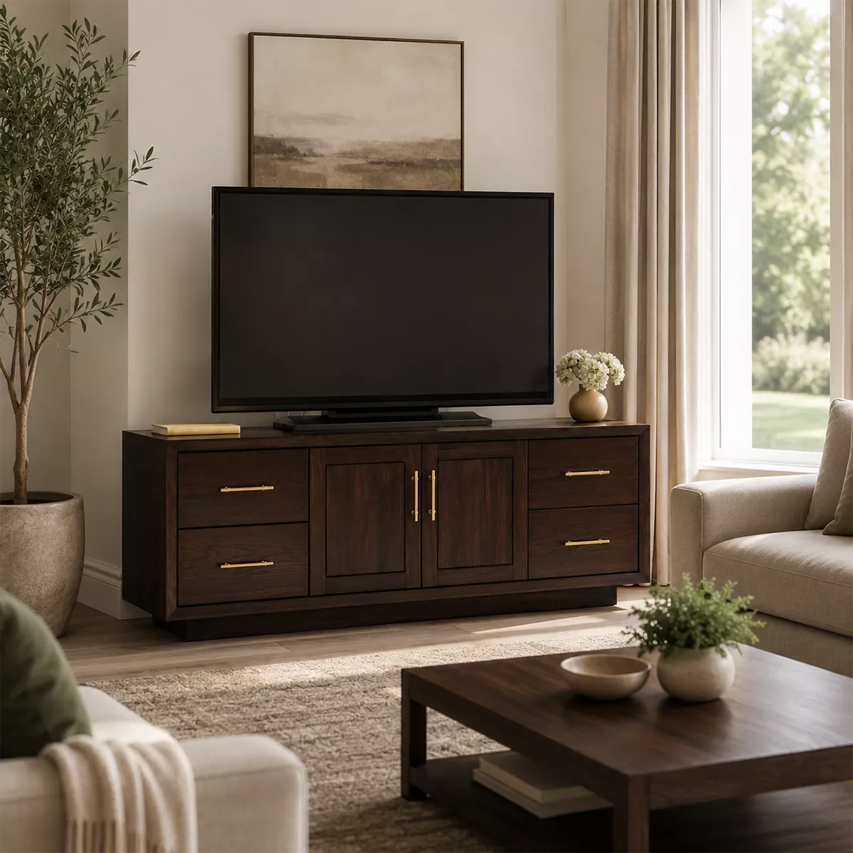 Natural Solid Wood TV Stand with Four Drawers Cabinet Doors Modern - Livewoodcraft - 3