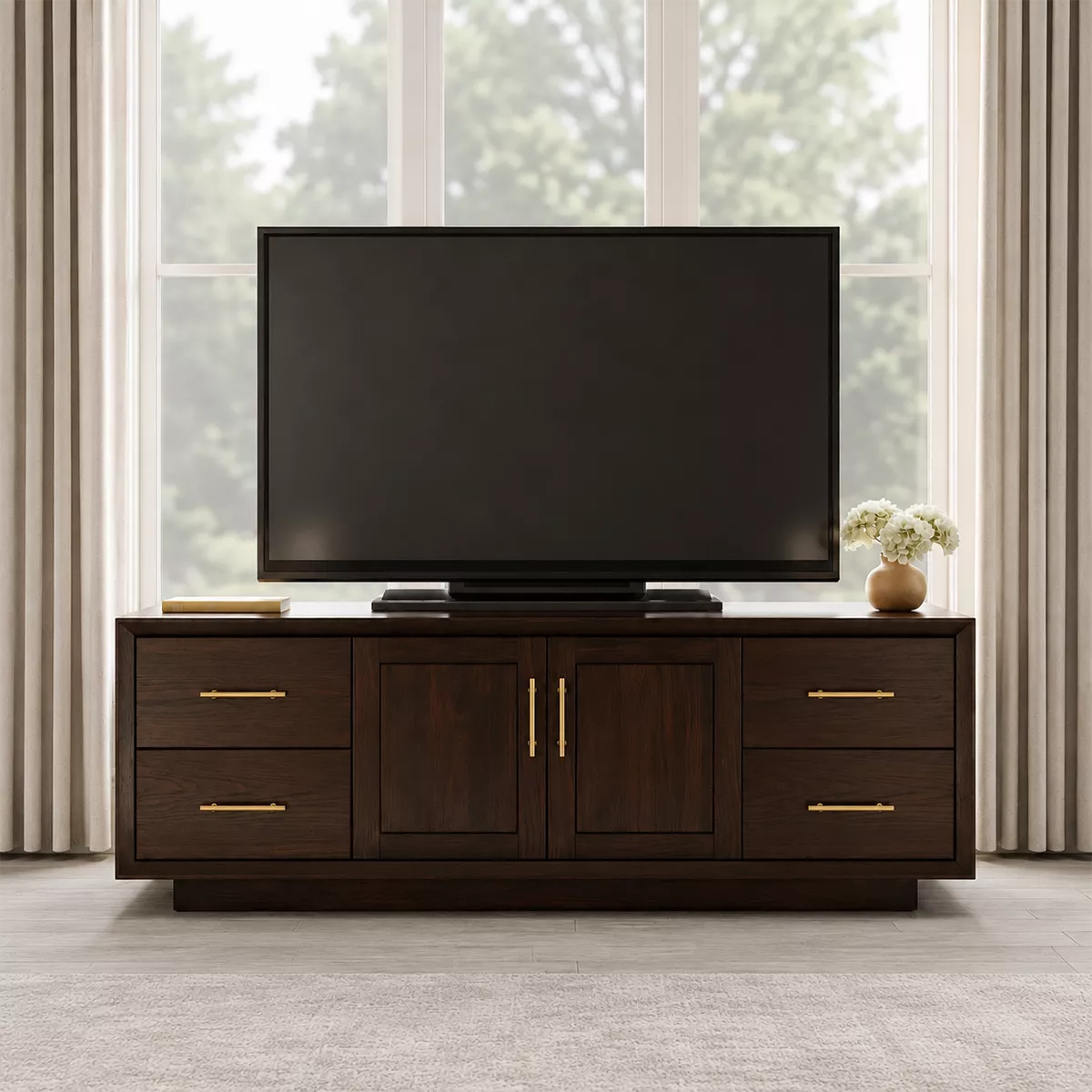 Natural Solid Wood TV Stand with Four Drawers Cabinet Doors Modern - Livewoodcraft - 4