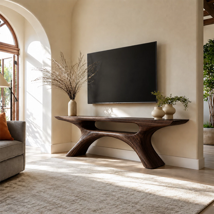 Natural Solid Wood TV Stand with Open Media Shelf and Sculptural Branch Base - Livewoodcraft - 2