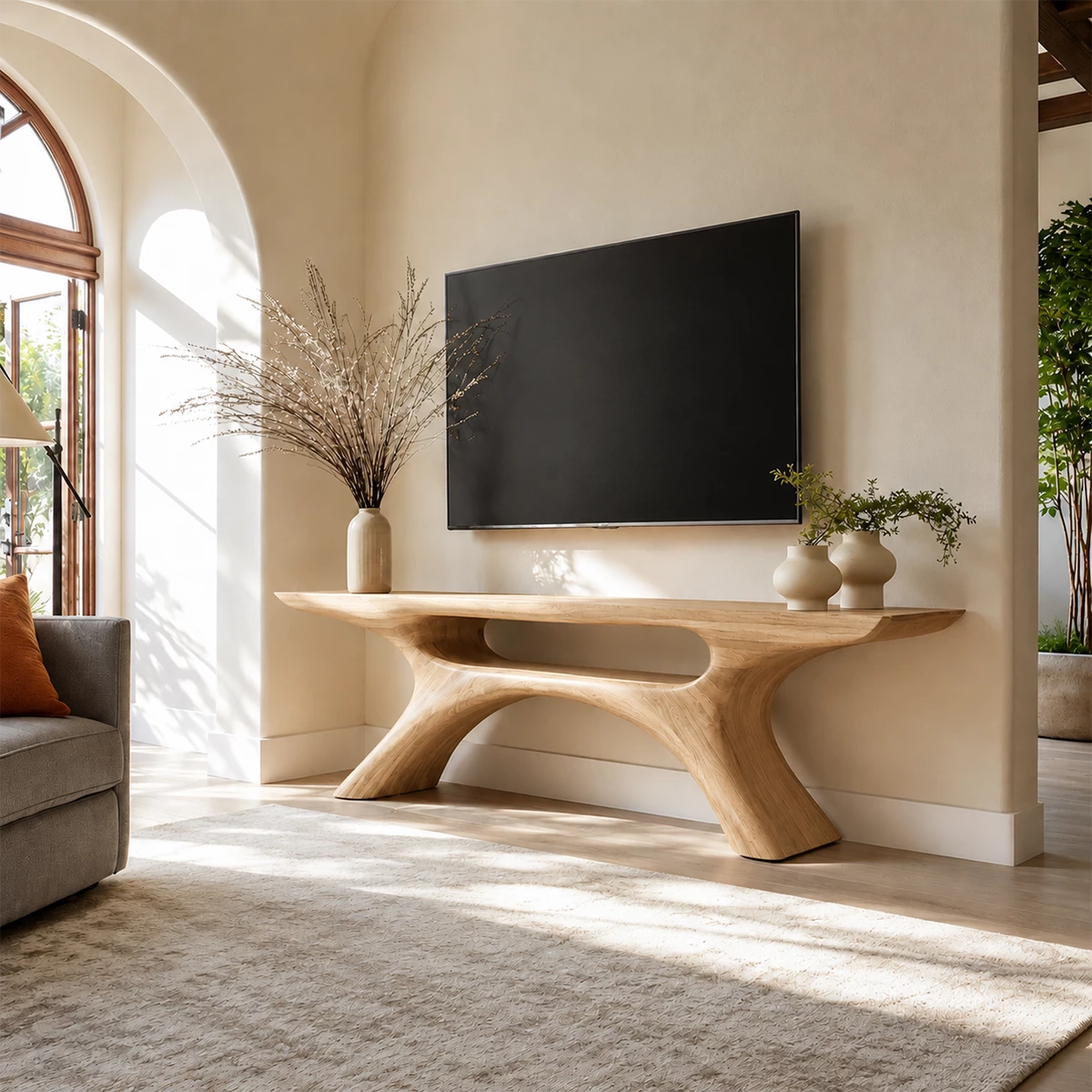 Natural Solid Wood TV Stand with Open Media Shelf and Sculptural Branch Base - Livewoodcraft - 4