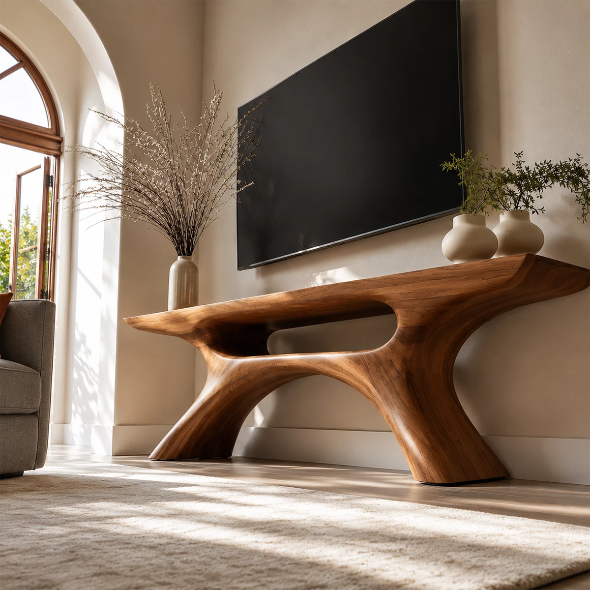 Natural Solid Wood TV Stand with Open Media Shelf and Sculptural Branch Base - Livewoodcraft - 5