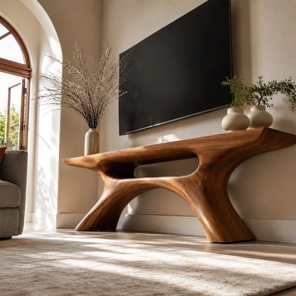 Natural Solid Wood TV Stand with Open Media Shelf and Sculptural Branch Base - Livewoodcraft - 5