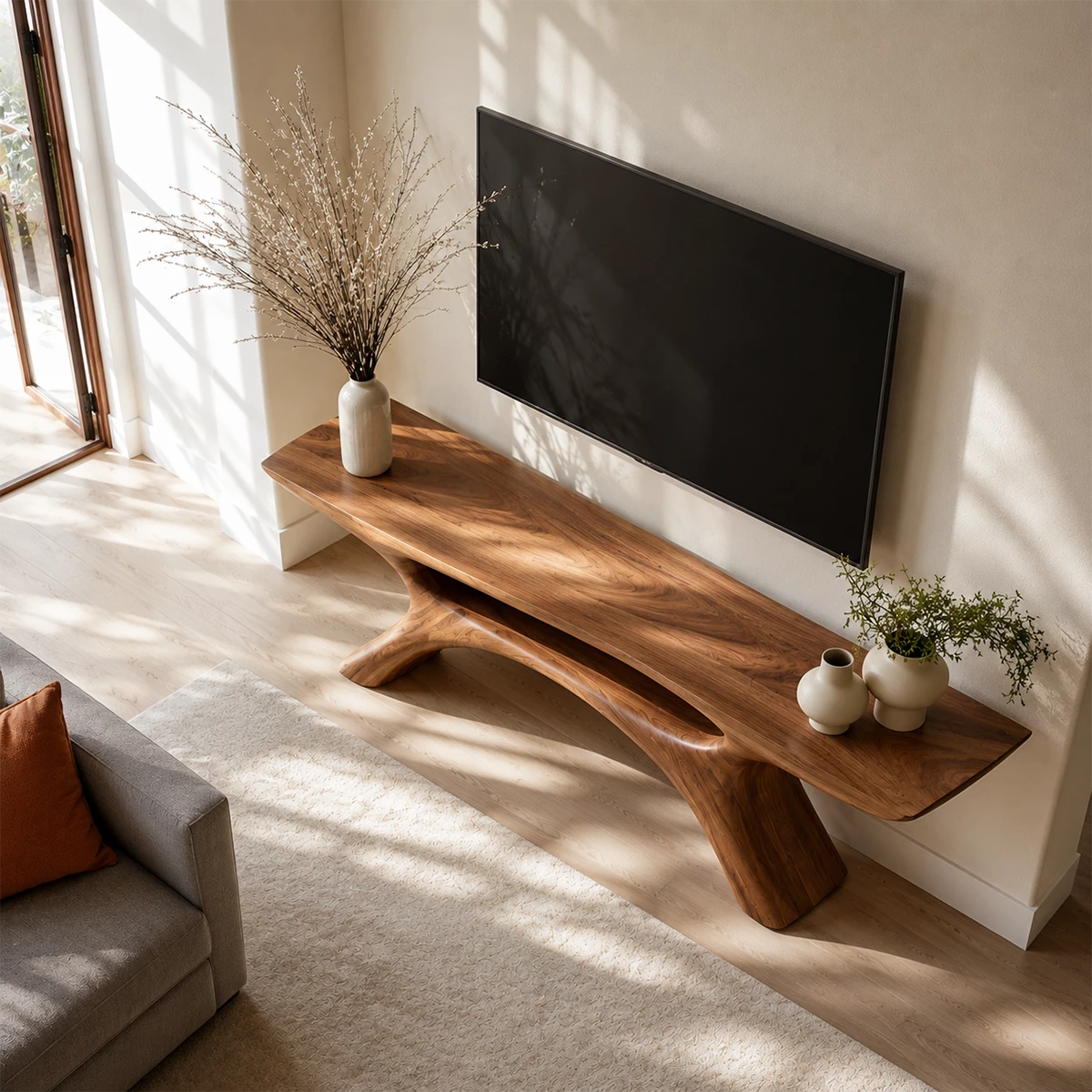 Natural Solid Wood TV Stand with Open Media Shelf and Sculptural Branch Base - Livewoodcraft - 6