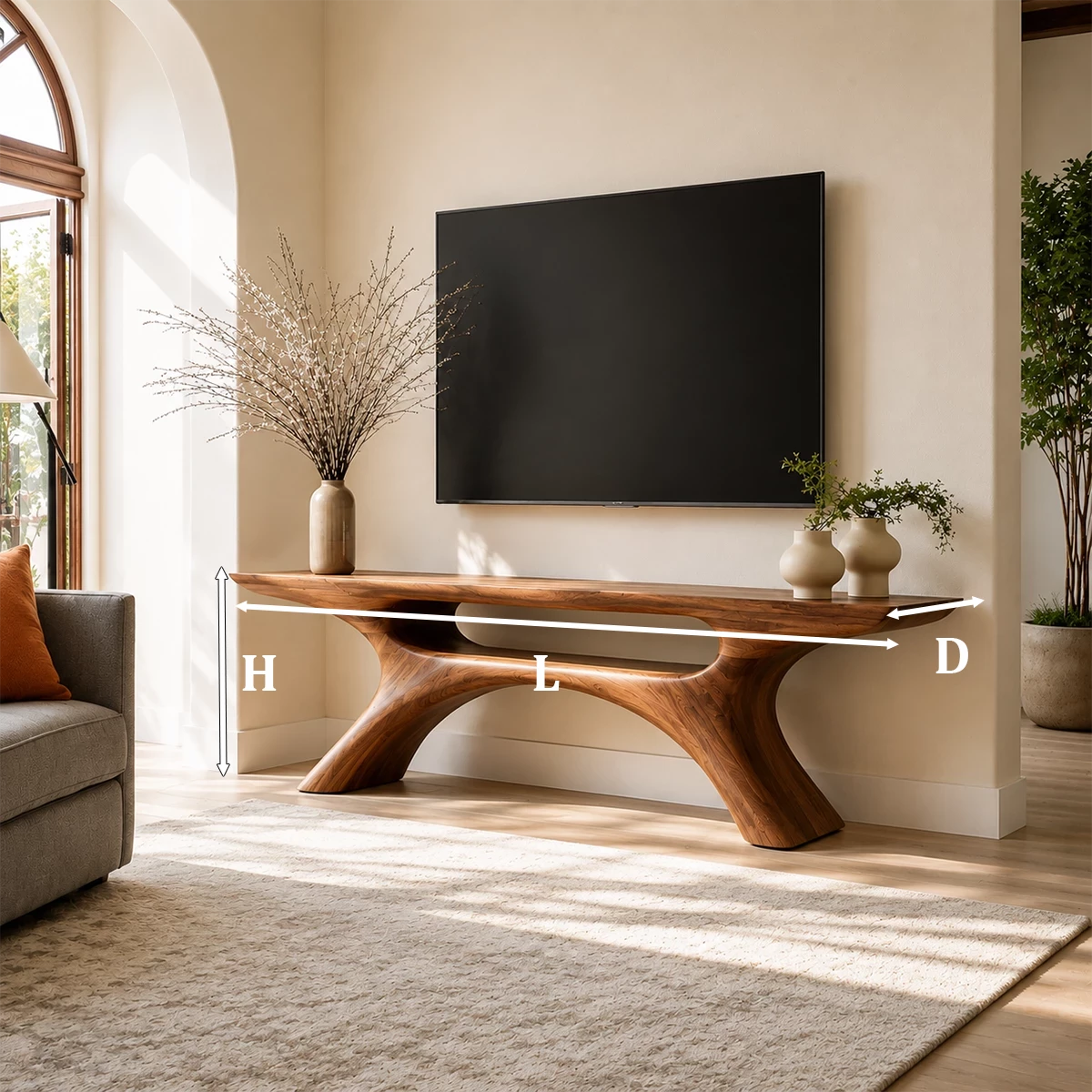 Natural Solid Wood TV Stand with Open Media Shelf and Sculptural Branch Base - Livewoodcraft - 7