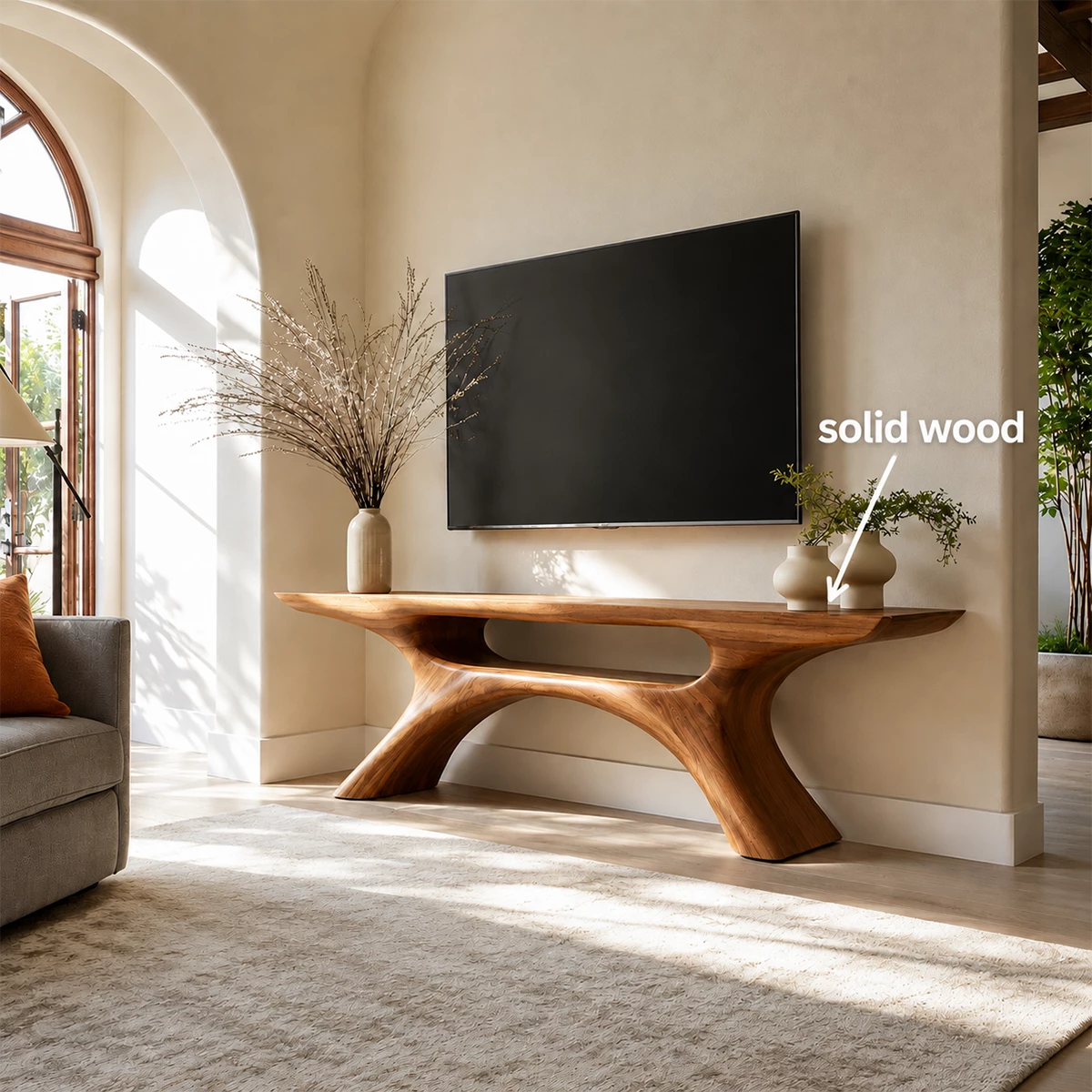 Natural Solid Wood TV Stand with Open Media Shelf and Sculptural Branch Base - Livewoodcraft - 8