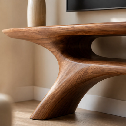 Natural Solid Wood TV Stand with Open Media Shelf and Sculptural Branch Base - Livewoodcraft - 9