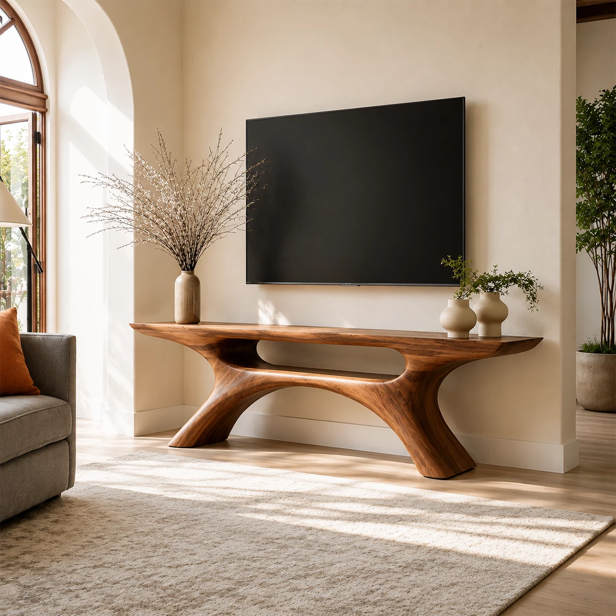 Natural Solid Wood TV Stand with Open Media Shelf and Sculptural Branch Base - Livewoodcraft