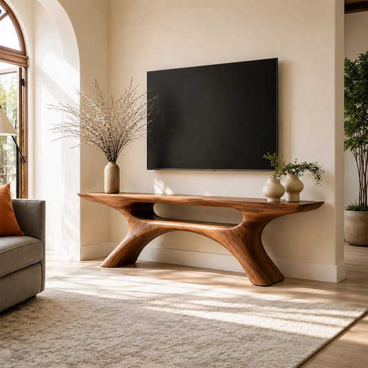 Natural Solid Wood TV Stand with Open Media Shelf and Sculptural Branch Base - Livewoodcraft