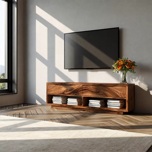 Natural Solid Wood TV Stand With Open Media Shelves And Hidden Drawer Storage For Living Room - Livewoodcraft