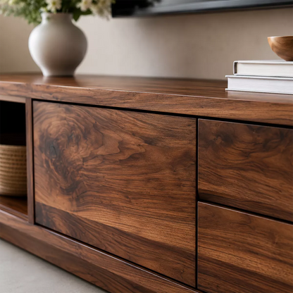 Natural Solid Wood TV Stand with Open Nook Storage Cabinet Japandi - Livewoodcraft - 1