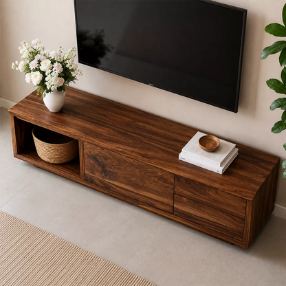 Natural Solid Wood TV Stand with Open Nook Storage Cabinet Japandi - Livewoodcraft - 2