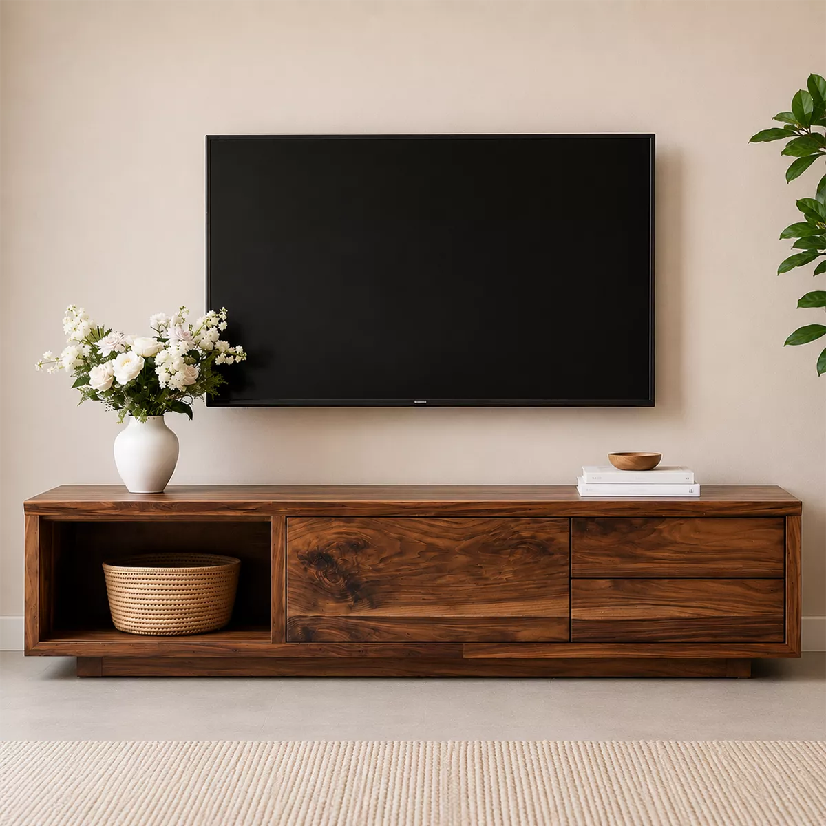 Natural Solid Wood TV Stand with Open Nook Storage Cabinet Japandi - Livewoodcraft - 3