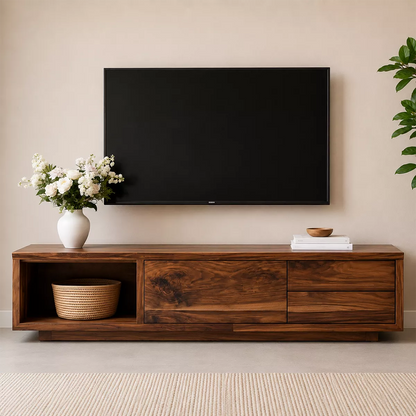 Natural Solid Wood TV Stand with Open Nook Storage Cabinet Japandi - Livewoodcraft - 3
