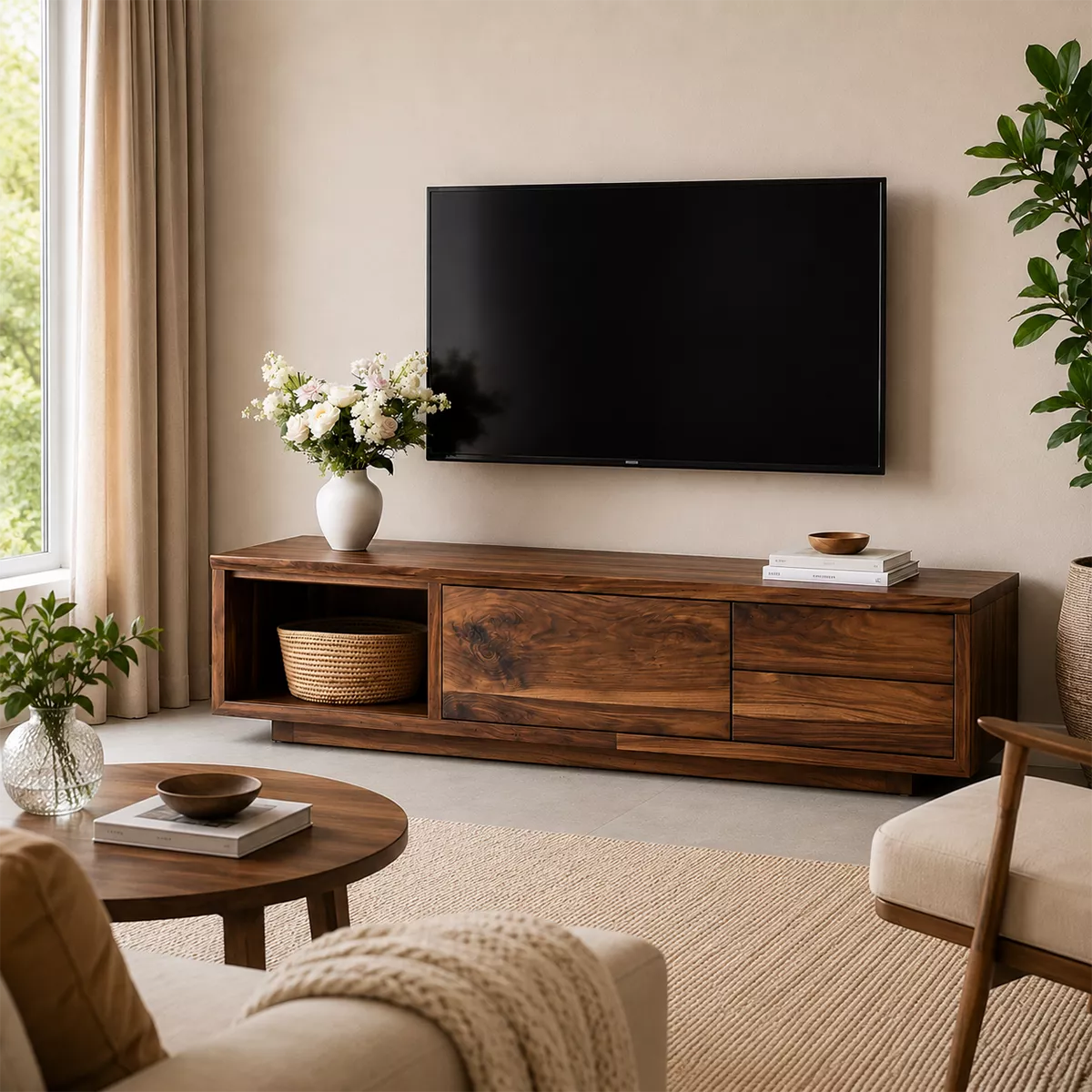 Natural Solid Wood TV Stand with Open Nook Storage Cabinet Japandi - Livewoodcraft - 4
