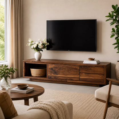 Natural Solid Wood TV Stand with Open Nook Storage Cabinet Japandi - Livewoodcraft - 4