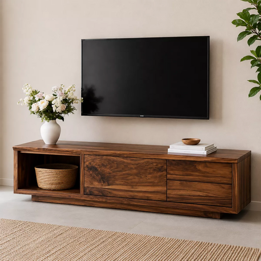 Natural Solid Wood TV Stand with Open Nook Storage Cabinet Japandi - Livewoodcraft