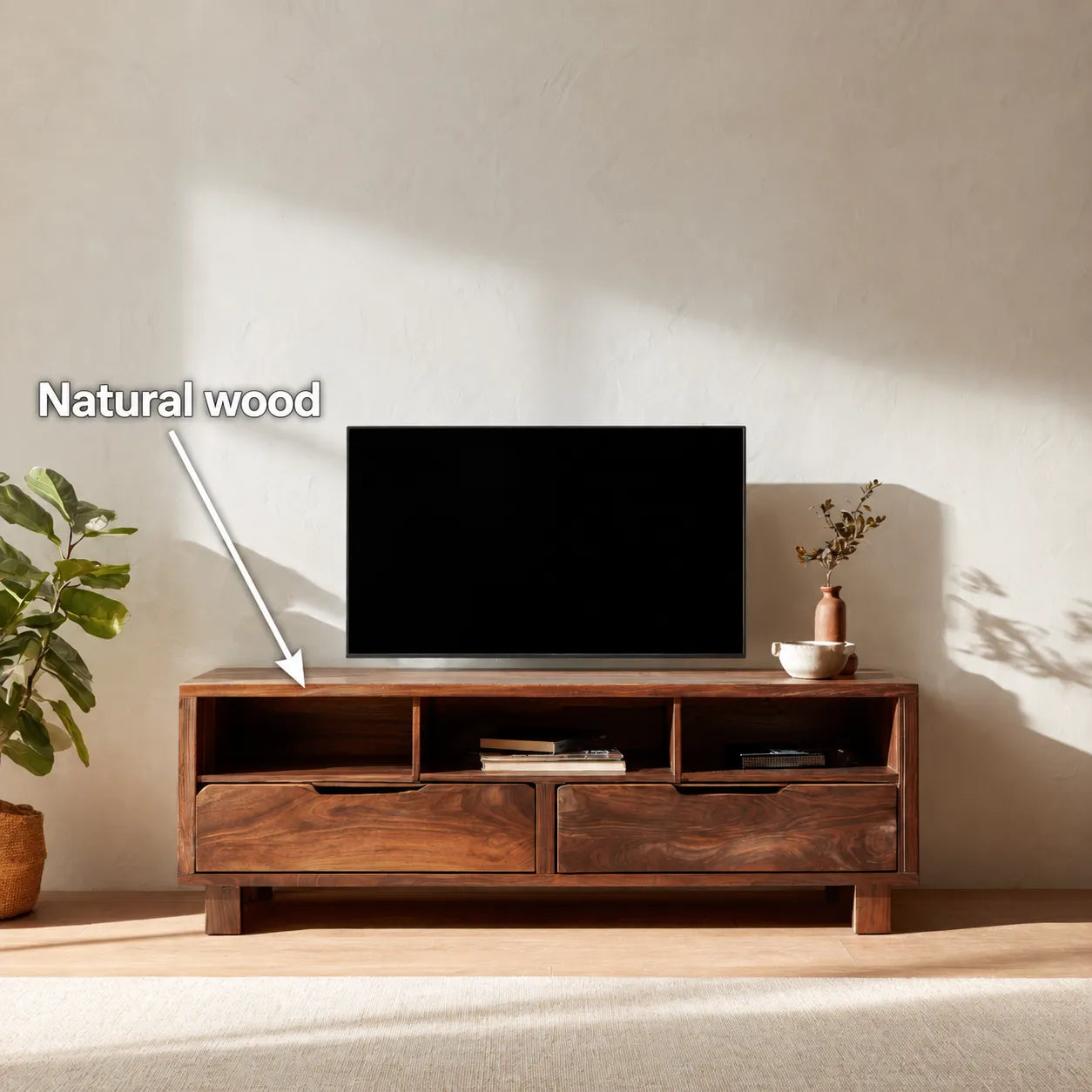 Natural Solid Wood TV Stand with Open Shelves and Dual Drawer Storage - Livewoodcraft - 10