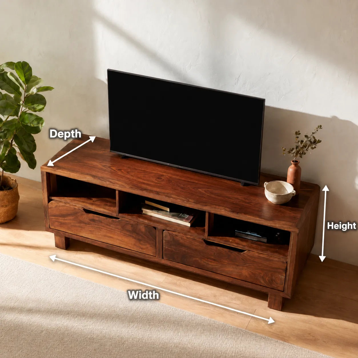 Natural Solid Wood TV Stand with Open Shelves and Dual Drawer Storage - Livewoodcraft - 11