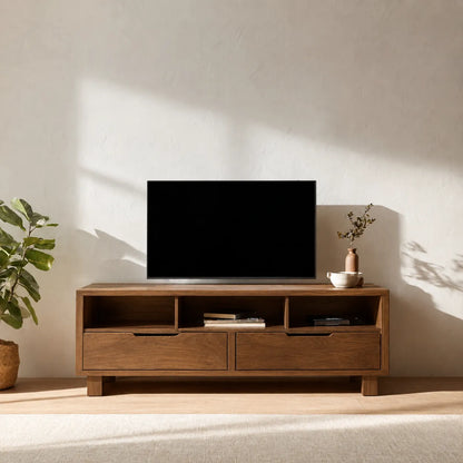 Natural Solid Wood TV Stand with Open Shelves and Dual Drawer Storage - Livewoodcraft - 2