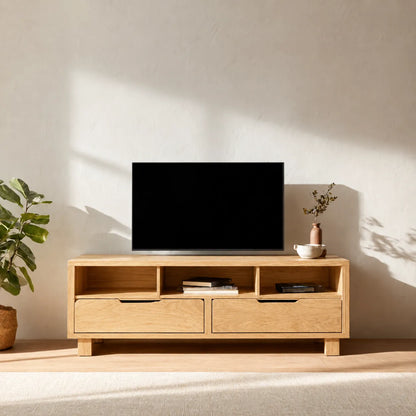 Natural Solid Wood TV Stand with Open Shelves and Dual Drawer Storage - Livewoodcraft - 3