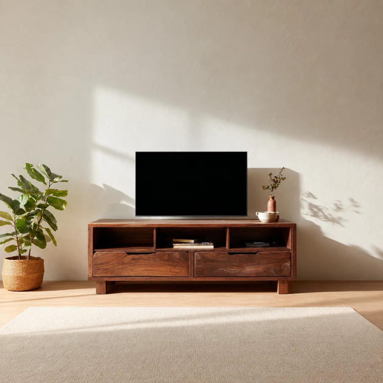 Natural Solid Wood TV Stand with Open Shelves and Dual Drawer Storage - Livewoodcraft - 5