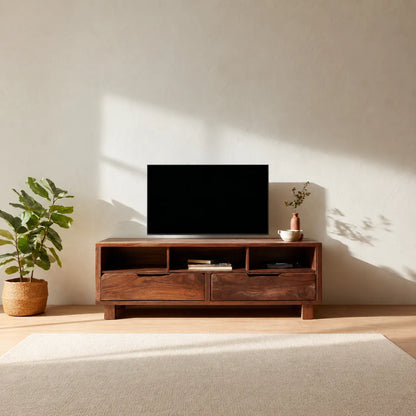 Natural Solid Wood TV Stand with Open Shelves and Dual Drawer Storage - Livewoodcraft - 5