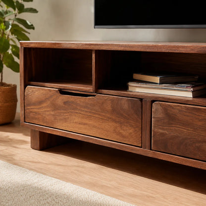 Natural Solid Wood TV Stand with Open Shelves and Dual Drawer Storage - Livewoodcraft - 6