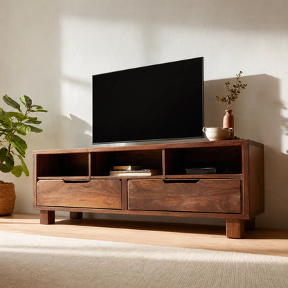 Natural Solid Wood TV Stand with Open Shelves and Dual Drawer Storage - Livewoodcraft - 7