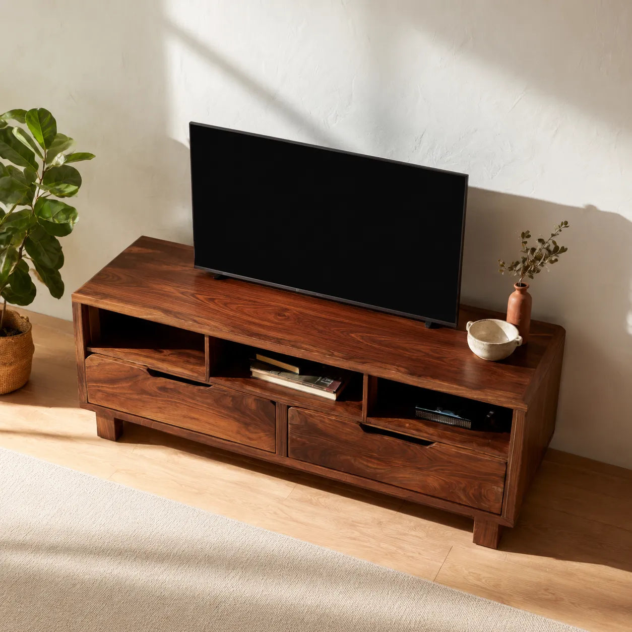 Natural Solid Wood TV Stand with Open Shelves and Dual Drawer Storage - Livewoodcraft - 8