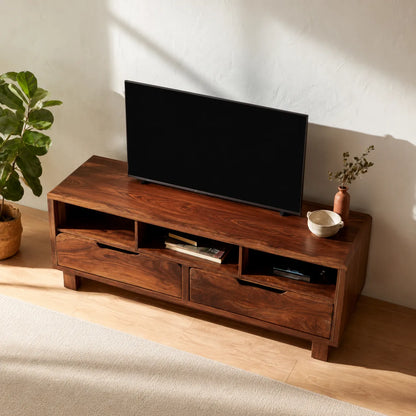 Natural Solid Wood TV Stand with Open Shelves and Dual Drawer Storage - Livewoodcraft - 8