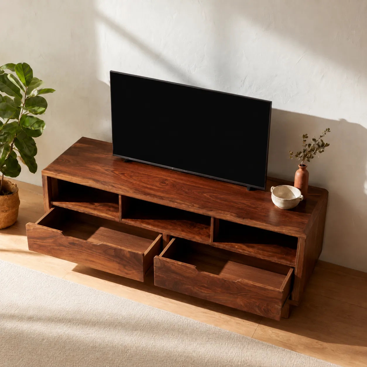 Natural Solid Wood TV Stand with Open Shelves and Dual Drawer Storage - Livewoodcraft - 9