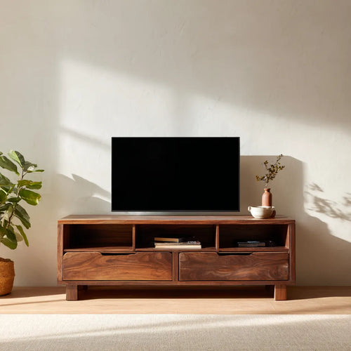 Natural Solid Wood TV Stand with Open Shelves and Dual Drawer Storage - Livewoodcraft