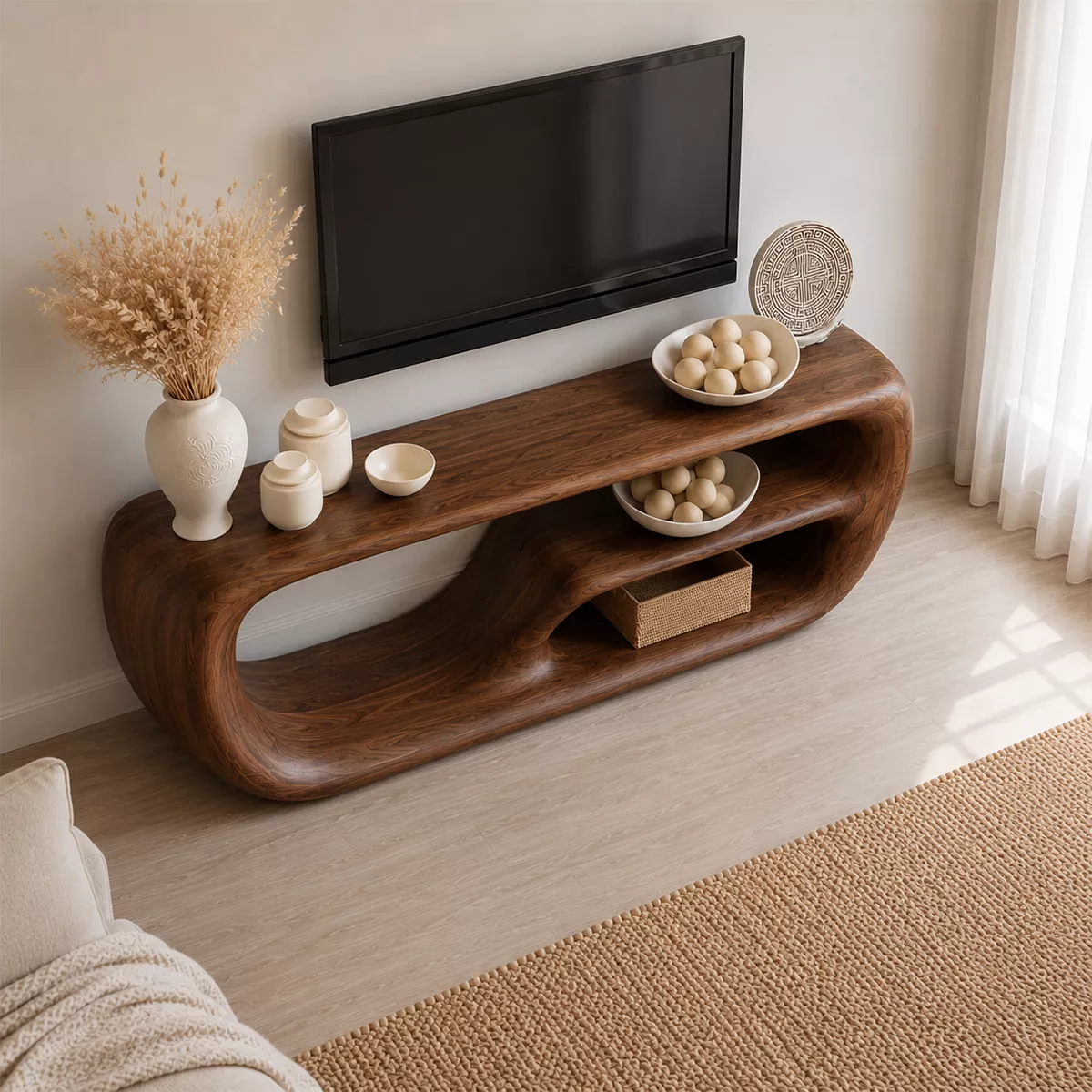 Natural Solid Wood TV Stand with Organic Curved Form Minimalist Design - Livewoodcraft - 2
