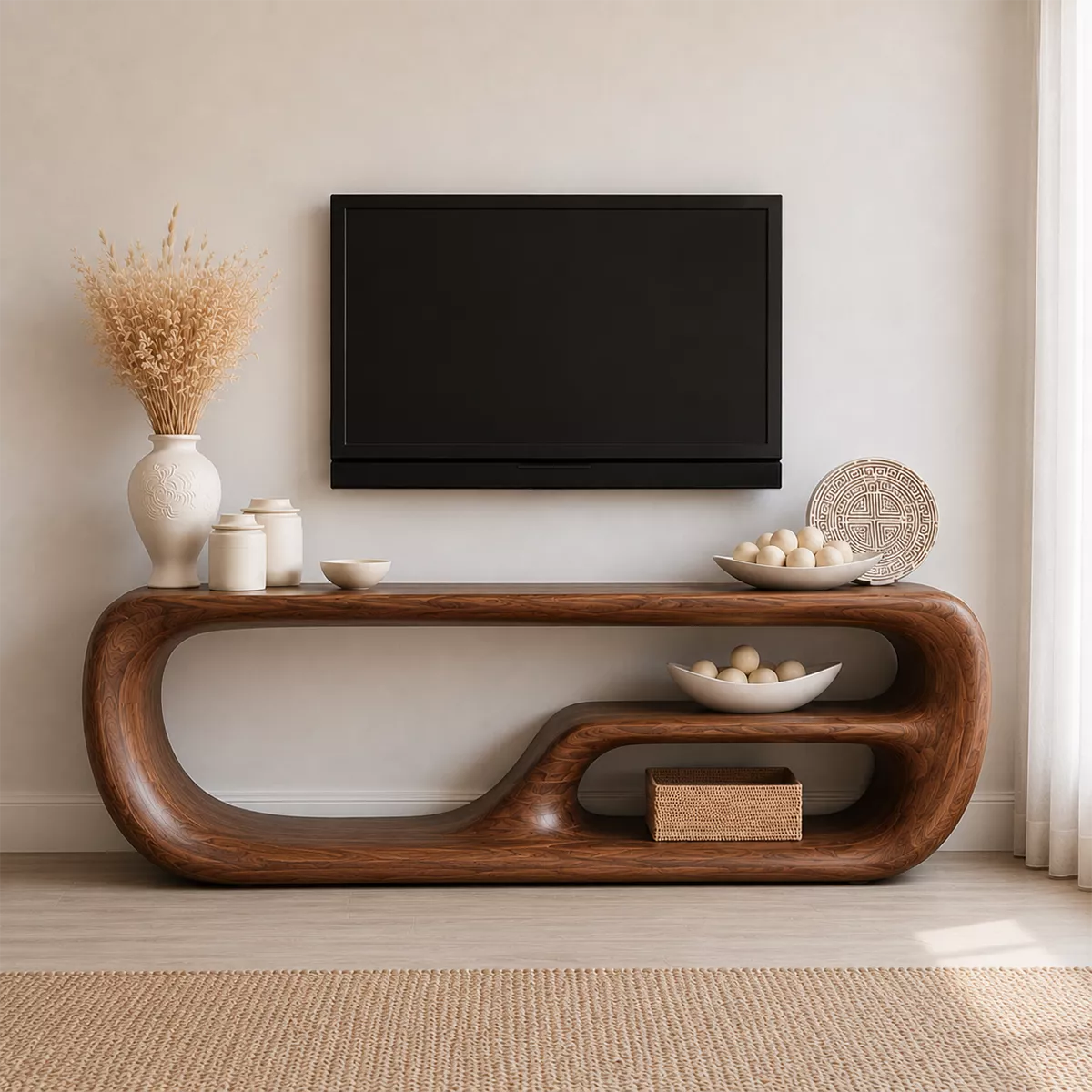 Natural Solid Wood TV Stand with Organic Curved Form Minimalist Design - Livewoodcraft - 3