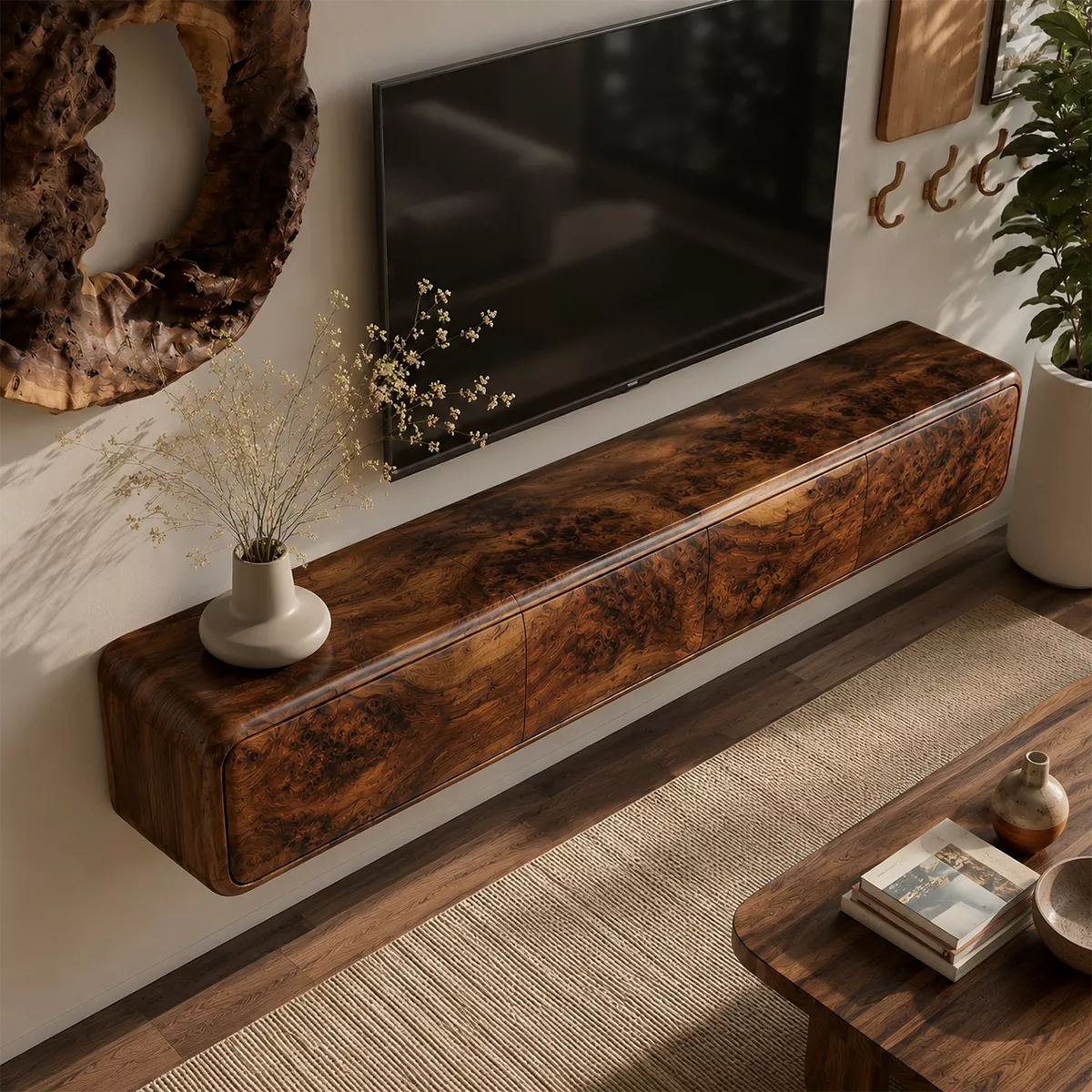 Natural Solid Wood TV Stand with Sculptural Burl Cabinet Doors Japandi - Livewoodcraft - 2