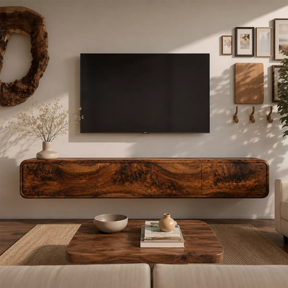 Natural Solid Wood TV Stand with Sculptural Burl Cabinet Doors Japandi - Livewoodcraft - 3