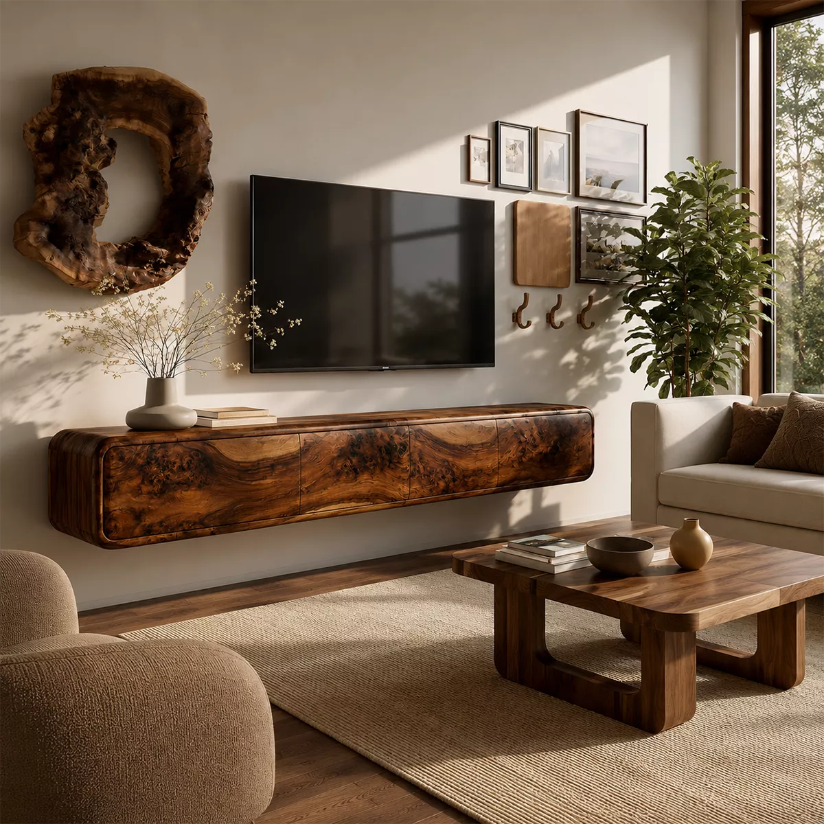 Natural Solid Wood TV Stand with Sculptural Burl Cabinet Doors Japandi - Livewoodcraft - 4