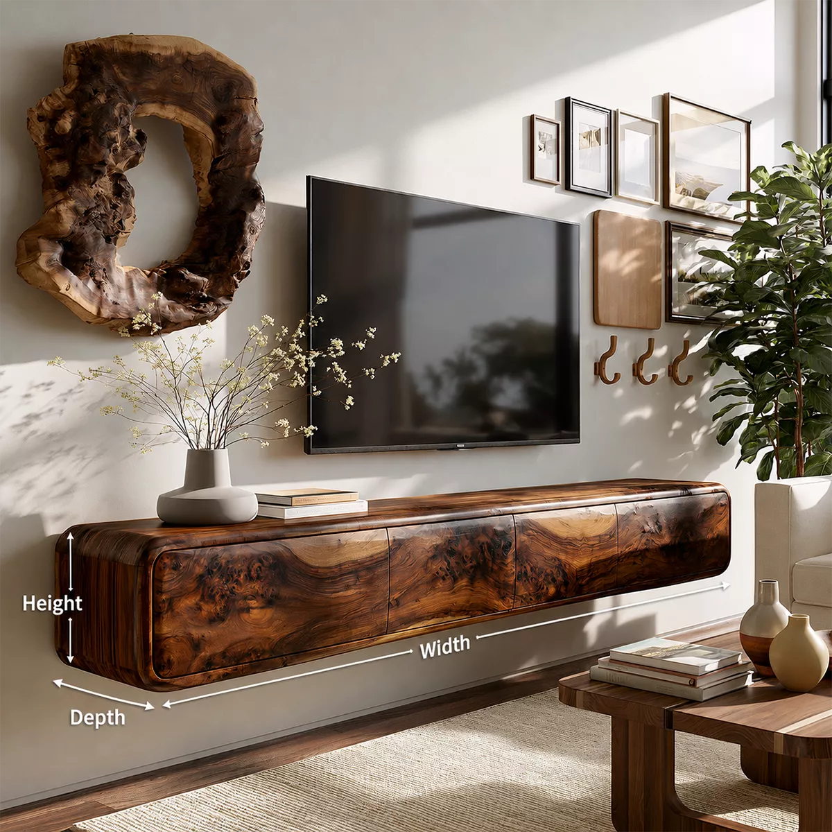 Natural Solid Wood TV Stand with Sculptural Burl Cabinet Doors Japandi - Livewoodcraft - 5
