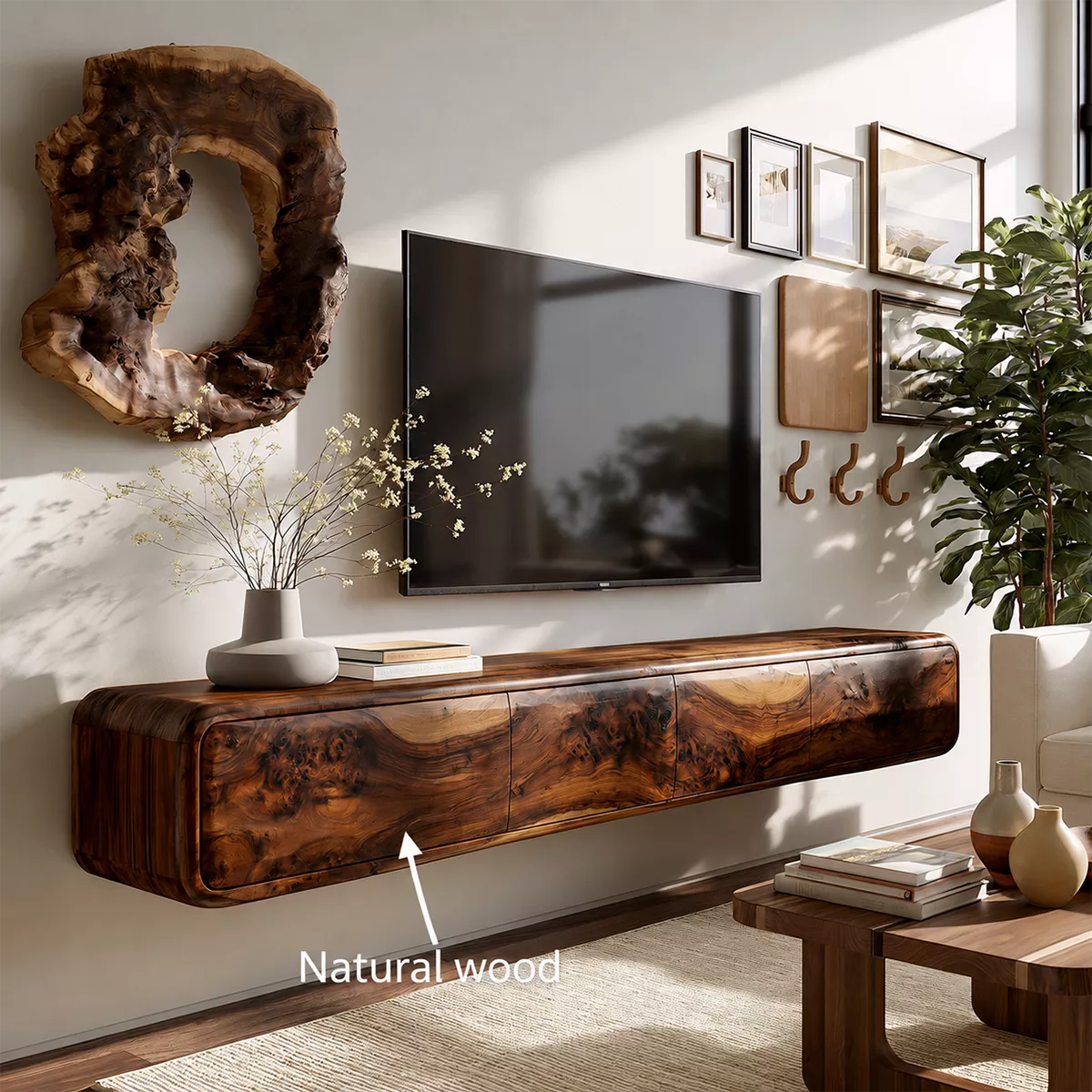 Natural Solid Wood TV Stand with Sculptural Burl Cabinet Doors Japandi - Livewoodcraft - 6