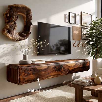 Natural Solid Wood TV Stand with Sculptural Burl Cabinet Doors Japandi - Livewoodcraft - 6